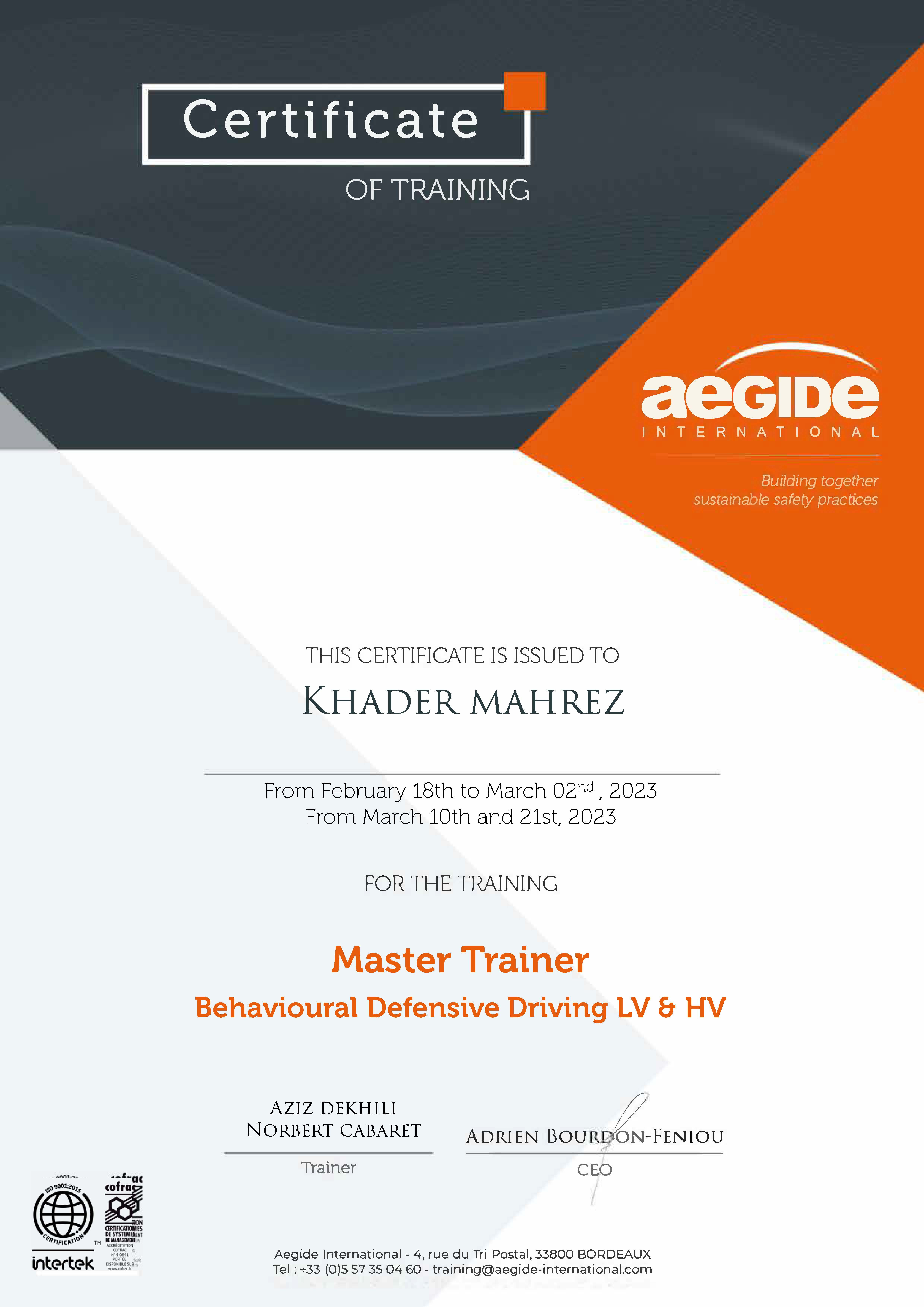 Obtention de la certification MASTER Trainer par AEGIDE International